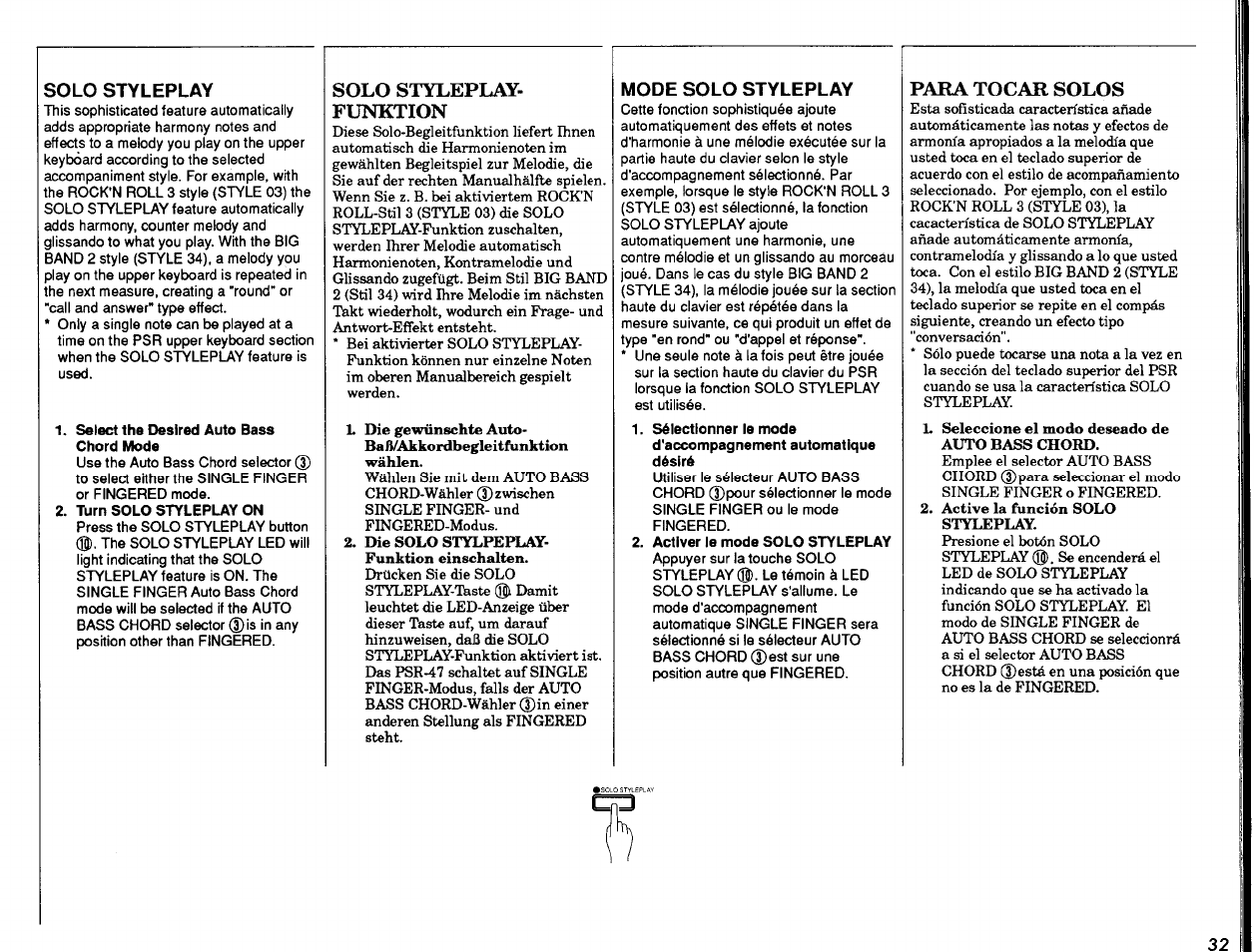 Solo styleplay, Select the desired auto bass chord mode, Solo styleplay- funktion | Mode solo styleplay, Activer le mode solo styleplay, Para tocar solos | Yamaha Portatone PSR-47 User Manual | Page 33 / 33
