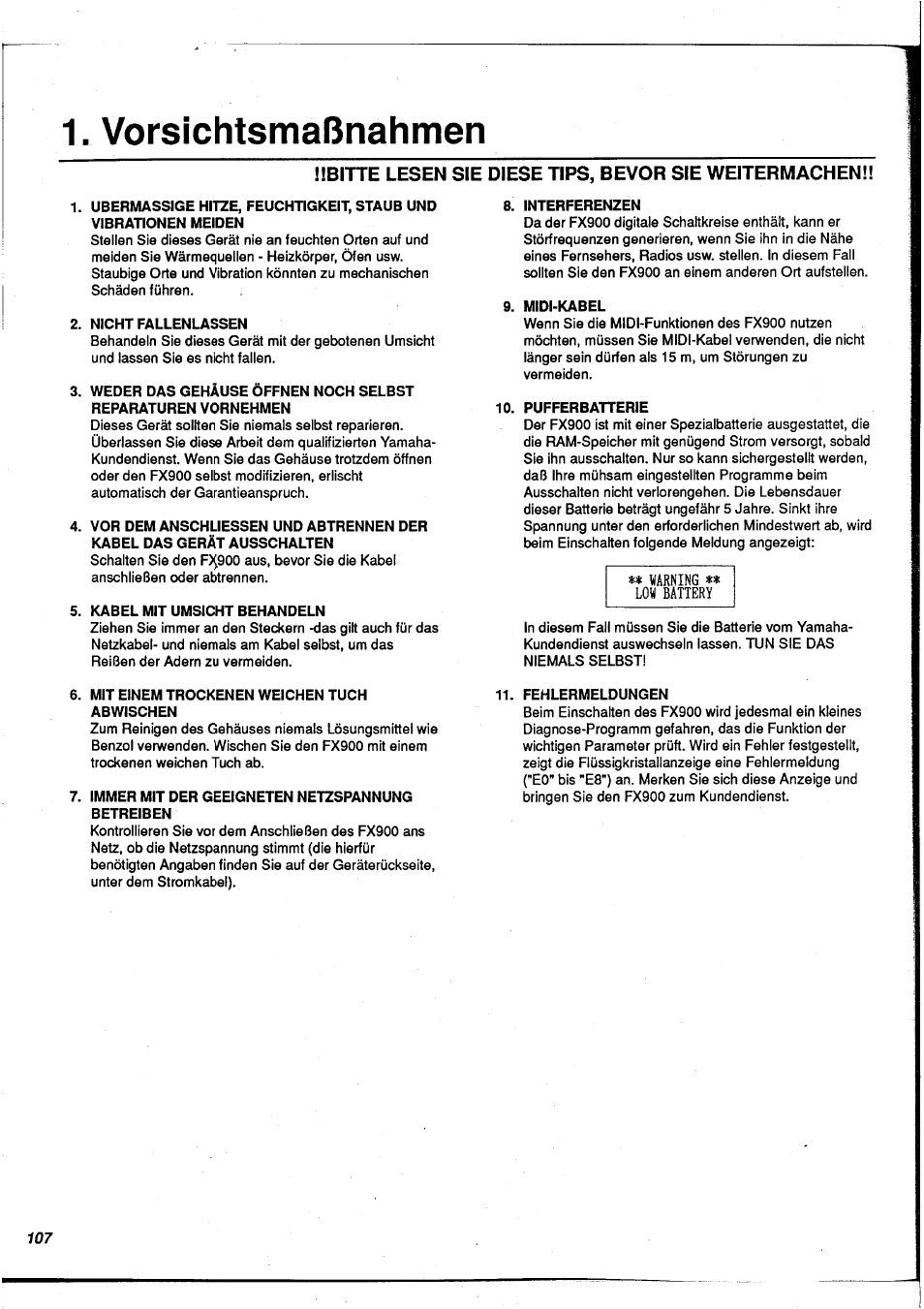 Vorsichtsmaßnahmen | Yamaha FX900 User Manual | Page 108 / 176