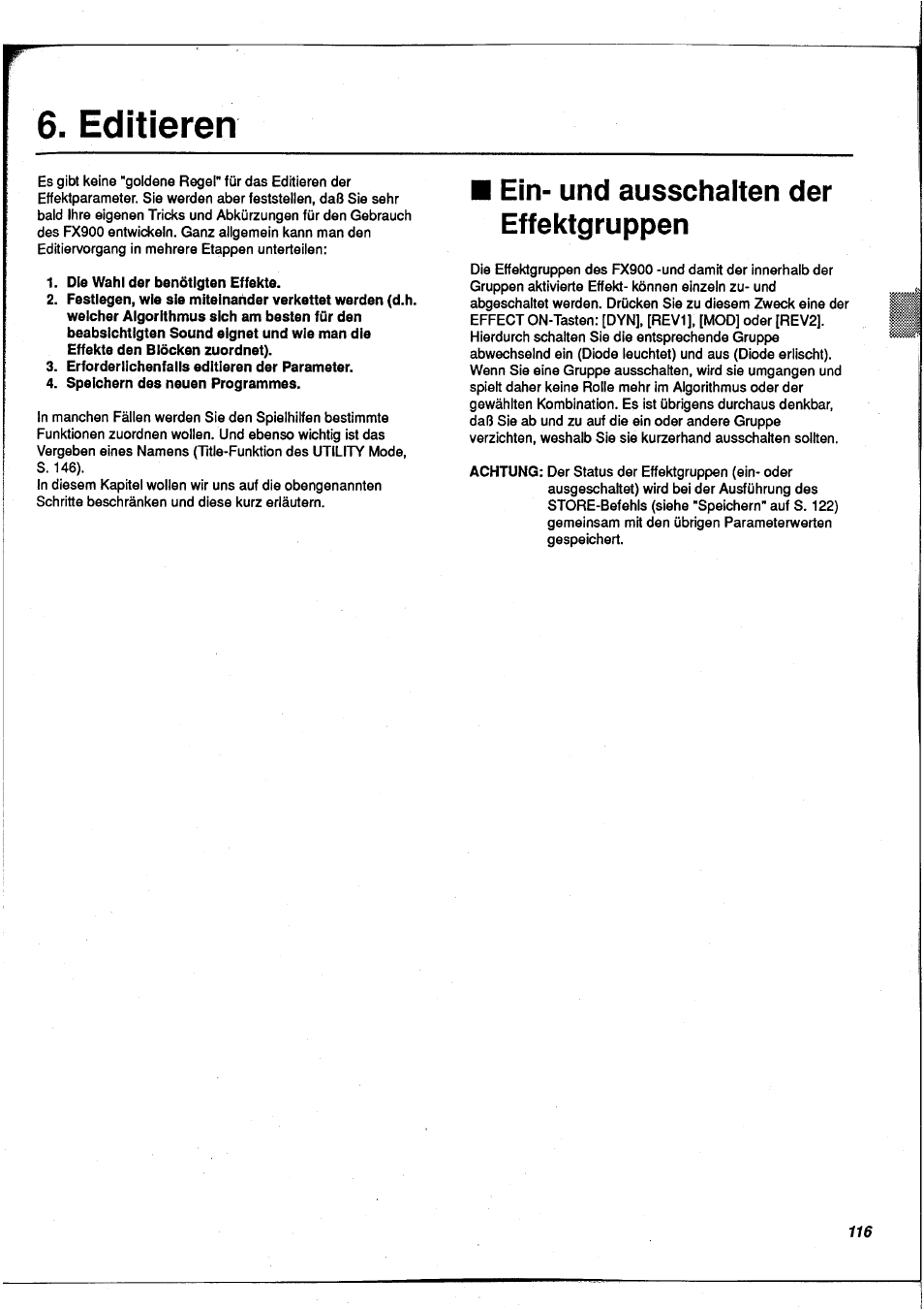 Editieren, Ein- und ausschalten der effektgruppen | Yamaha FX900 User Manual | Page 117 / 176