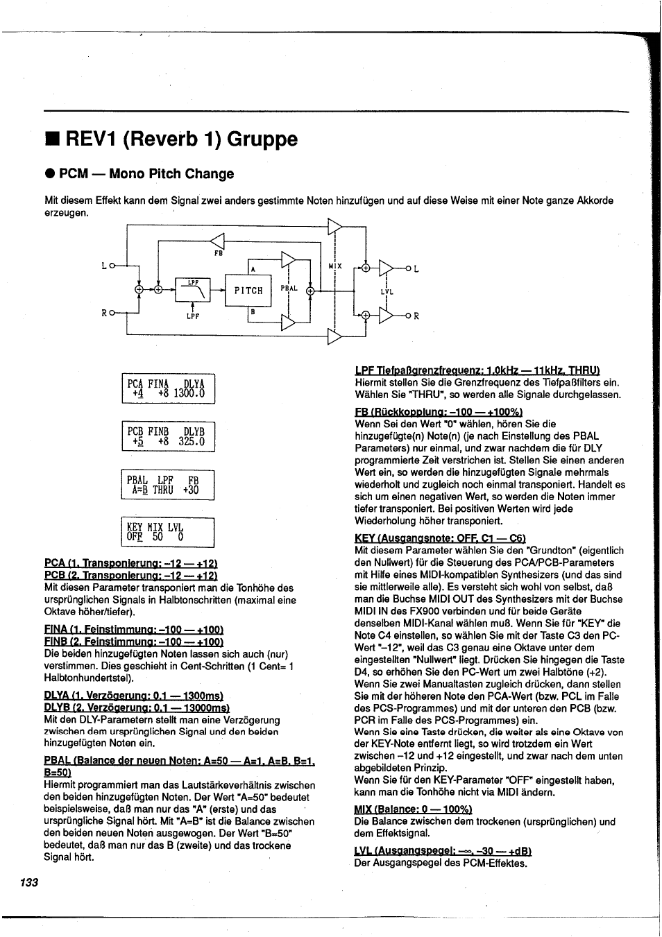 Rev1 (reverb 1) gruppe, Pcm — mono pitch change, Pgm - mono pitch change | Yamaha FX900 User Manual | Page 134 / 176