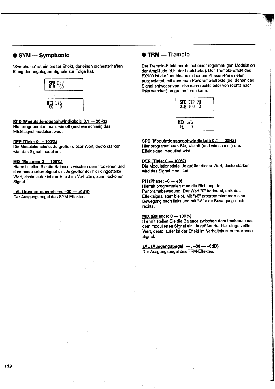 Sym — symphonic, Trm — tremolo, Sym - symphonie • trm - tremolo | Sym — symphonic • trm — tremolo | Yamaha FX900 User Manual | Page 144 / 176