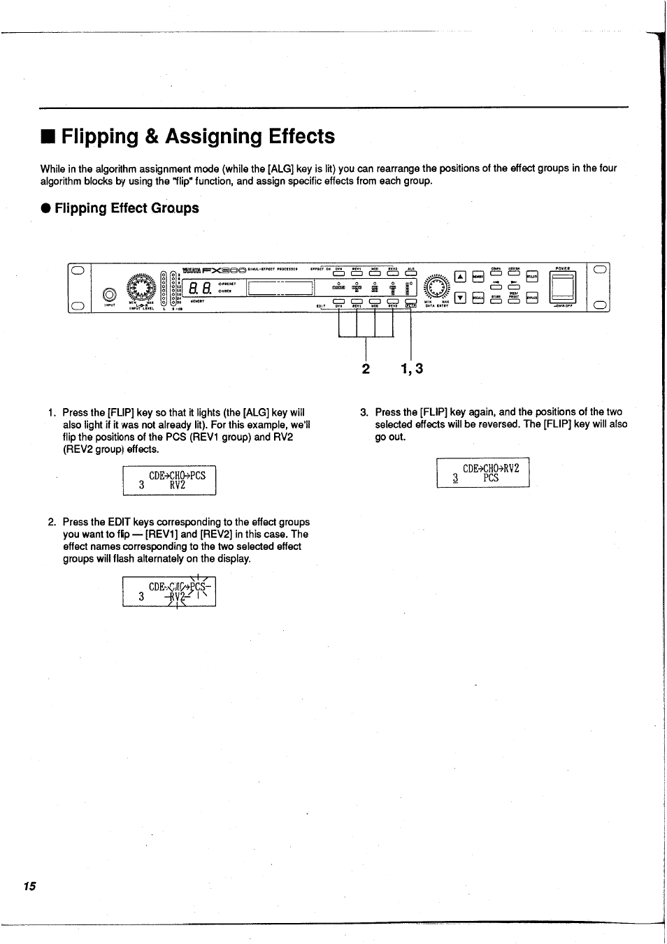 Flipping & assigning effects, Flipping effect groups, Cde-icho-i-rvz 3 pcs cde^ho^pcs 3 rv2 | Cde-,<;ill(>^pcs- 3 i | Yamaha FX900 User Manual | Page 16 / 176