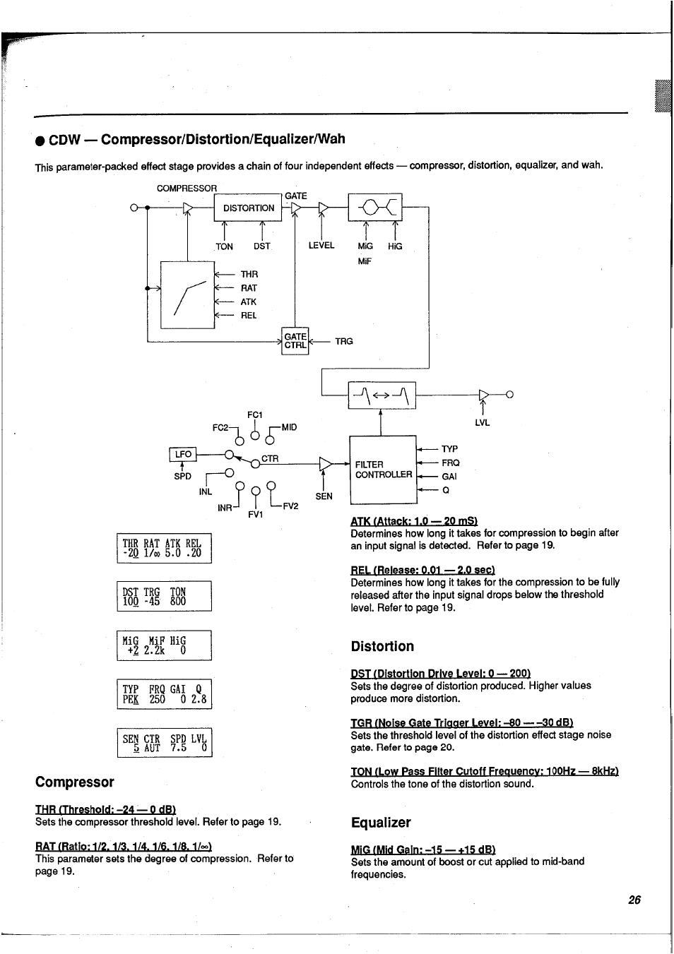 Cdw — compressor/distortion/equalizer/wah, Compressor, Distortion | Equaiizer | Yamaha FX900 User Manual | Page 27 / 176