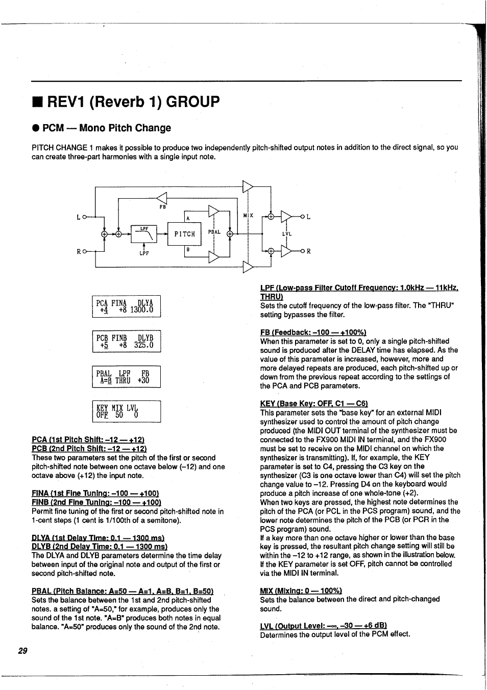 Rev1 (reverb 1) group, Pcm — mono pitch change | Yamaha FX900 User Manual | Page 30 / 176