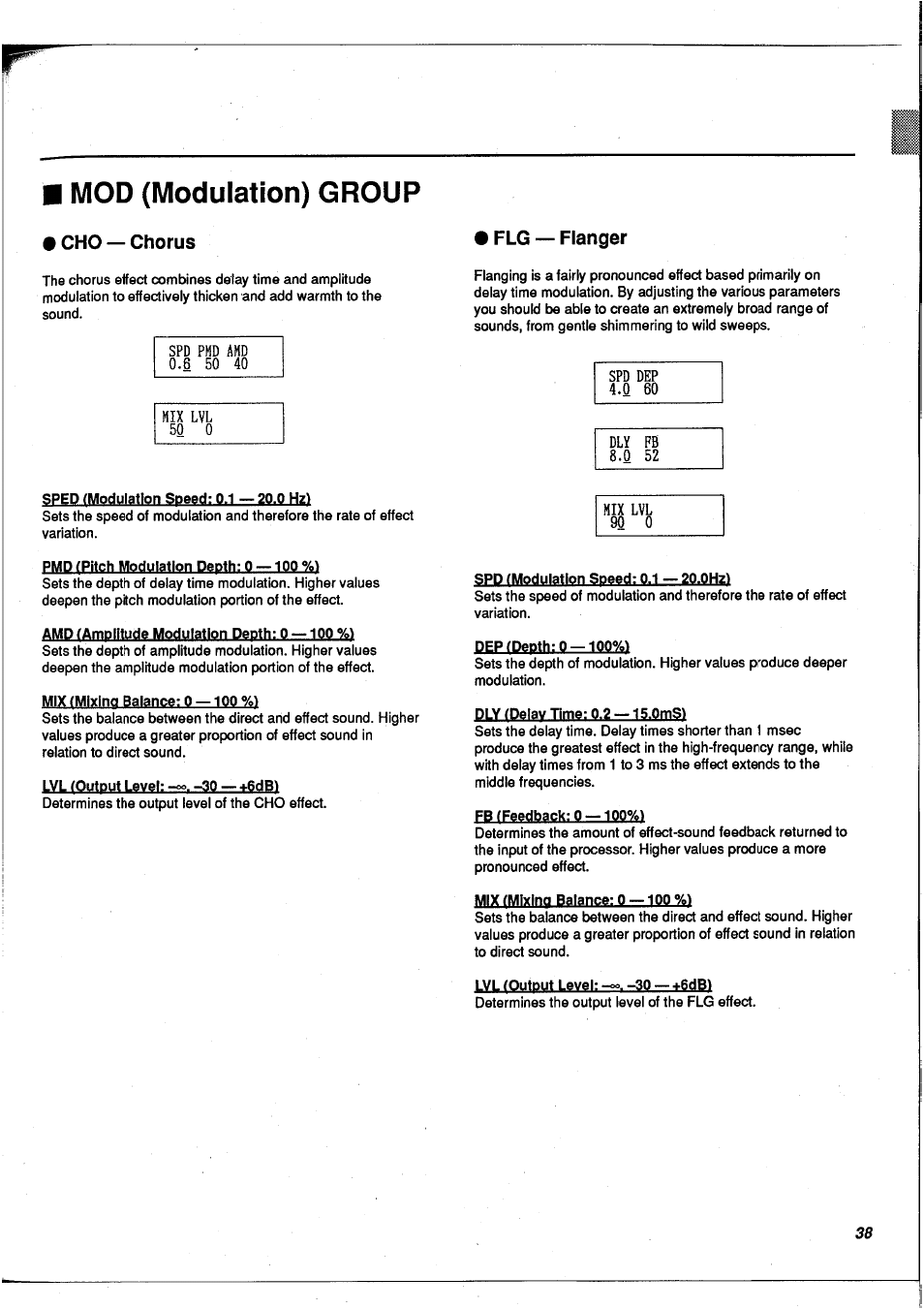 Mod (modulation) group, Cho — chorus, Flg — flanger | Cho —chorus • flg — ranger | Yamaha FX900 User Manual | Page 39 / 176