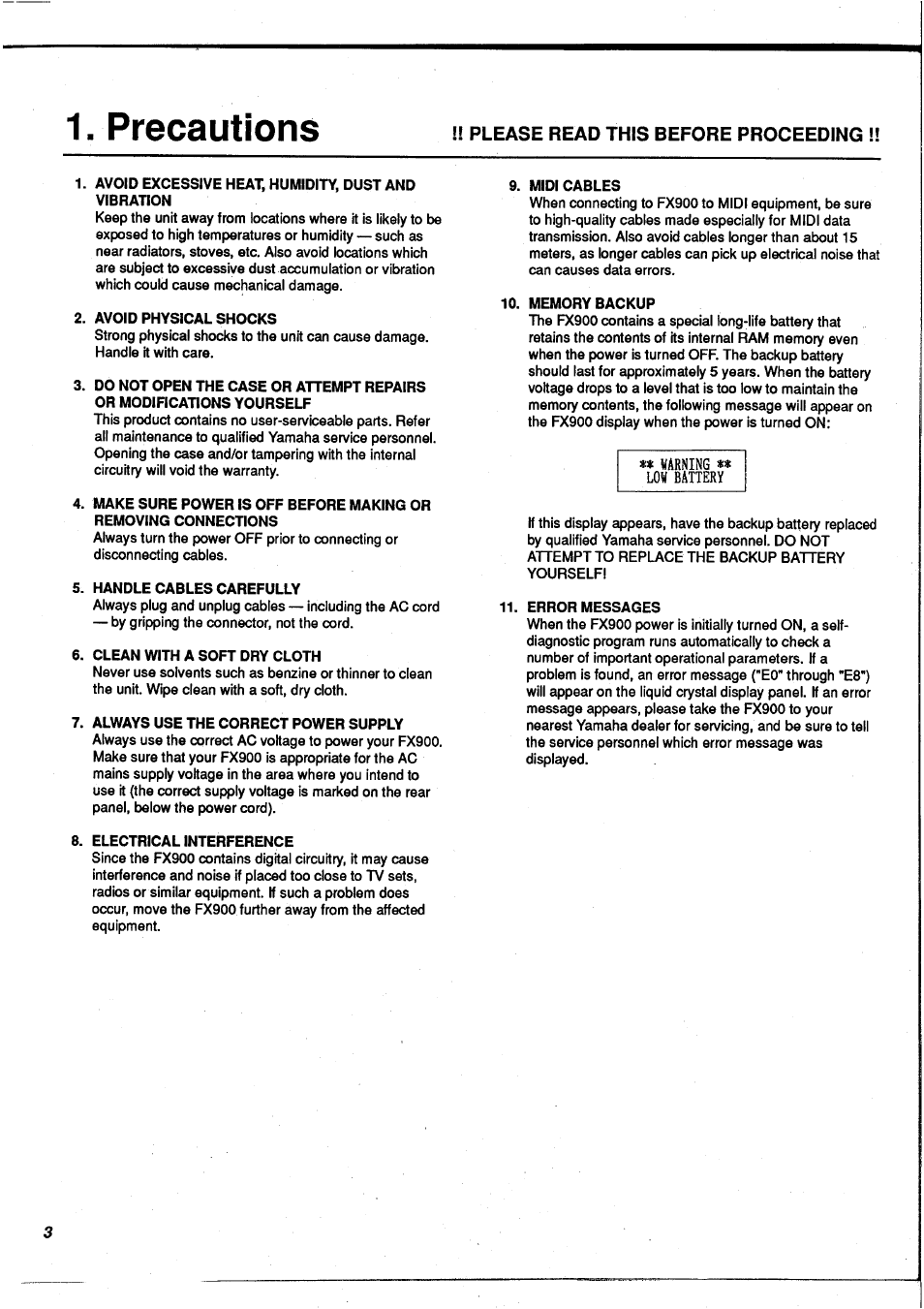 Precautions | Yamaha FX900 User Manual | Page 4 / 176