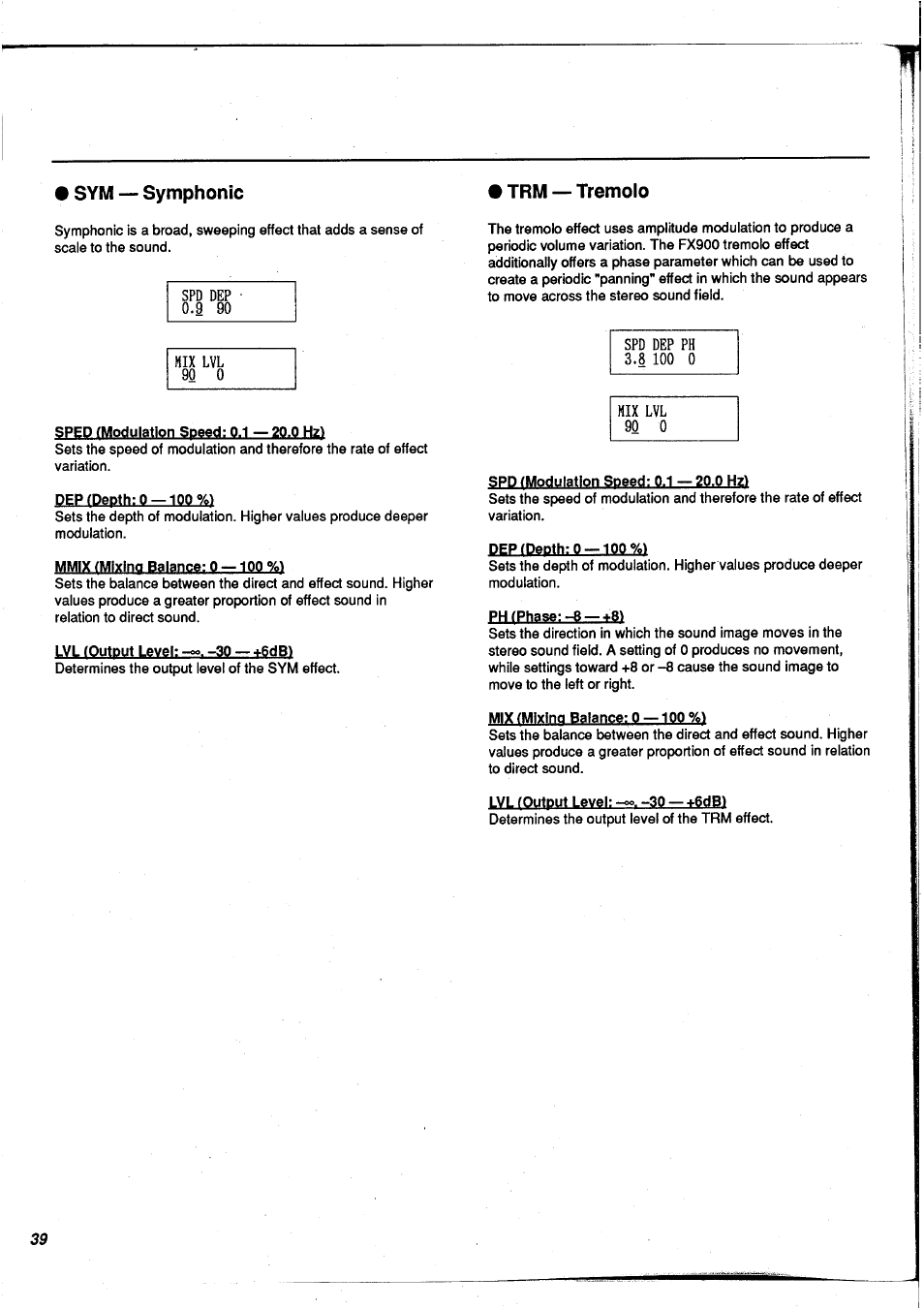 Sym — symphonic, Sym — symphonic trm — tremolo | Yamaha FX900 User Manual | Page 40 / 176