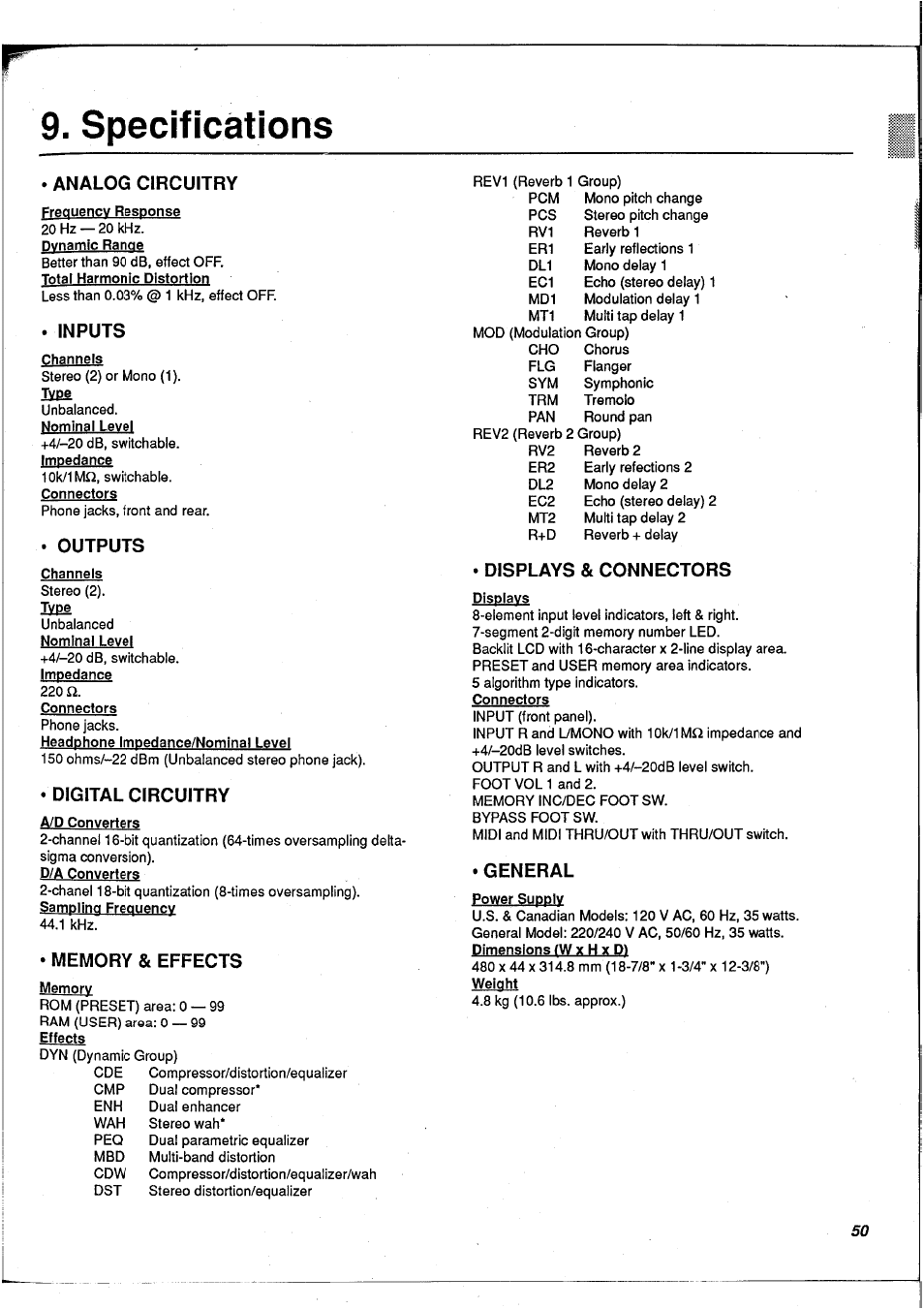 Specifications, 220 n | Yamaha FX900 User Manual | Page 51 / 176