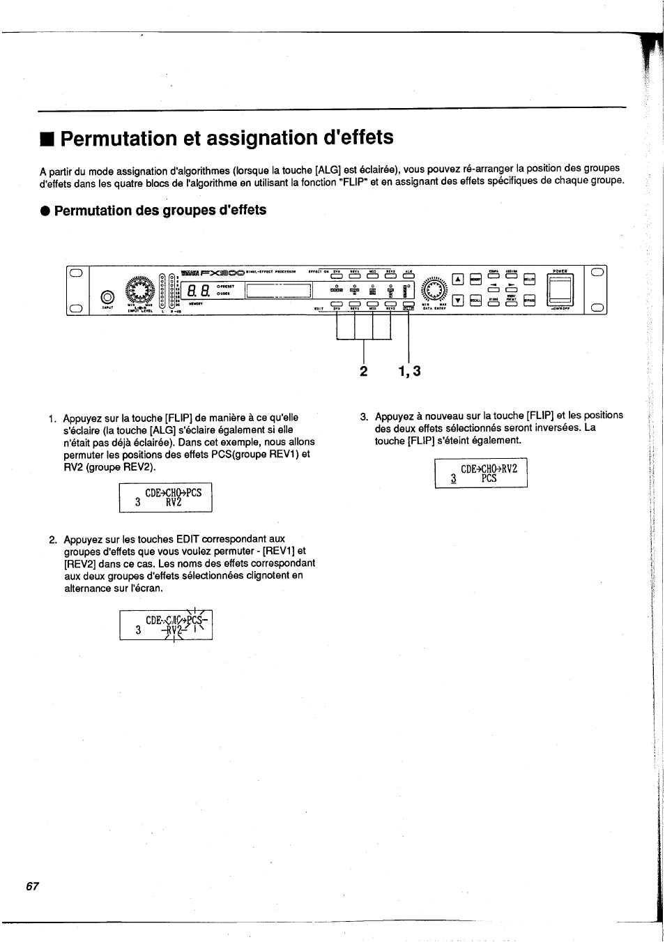 Permutation et assignation d'effets, Permutation des groupes d'effets, Cde^ho»pcs 3 rv2 | Cde-æh0^rv2 3 pcs, Cde-.c.no^pcs | Yamaha FX900 User Manual | Page 68 / 176
