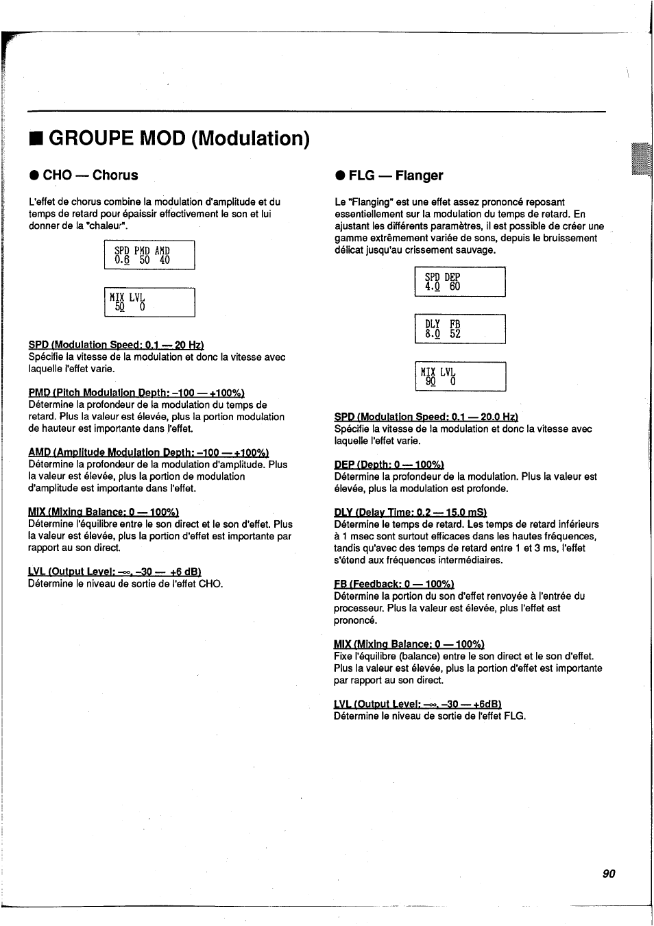 Groupe mod (modulation), Cho — chorus, Flg — flanger | Cho - chorus • flg - flanger | Yamaha FX900 User Manual | Page 91 / 176