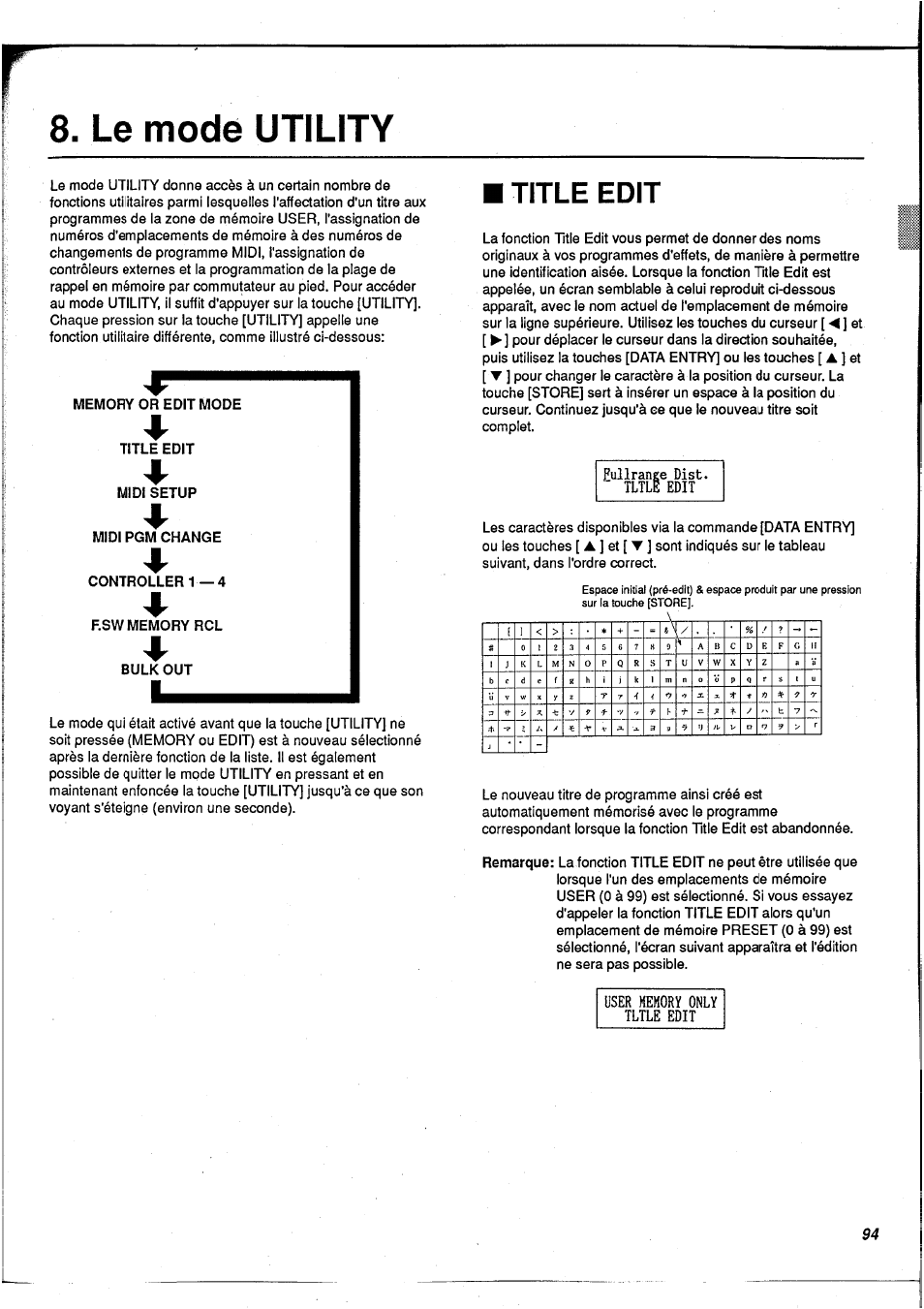 Le mode utility, Title edit, Pullrange dist. - tltle edit | Yamaha FX900 User Manual | Page 95 / 176
