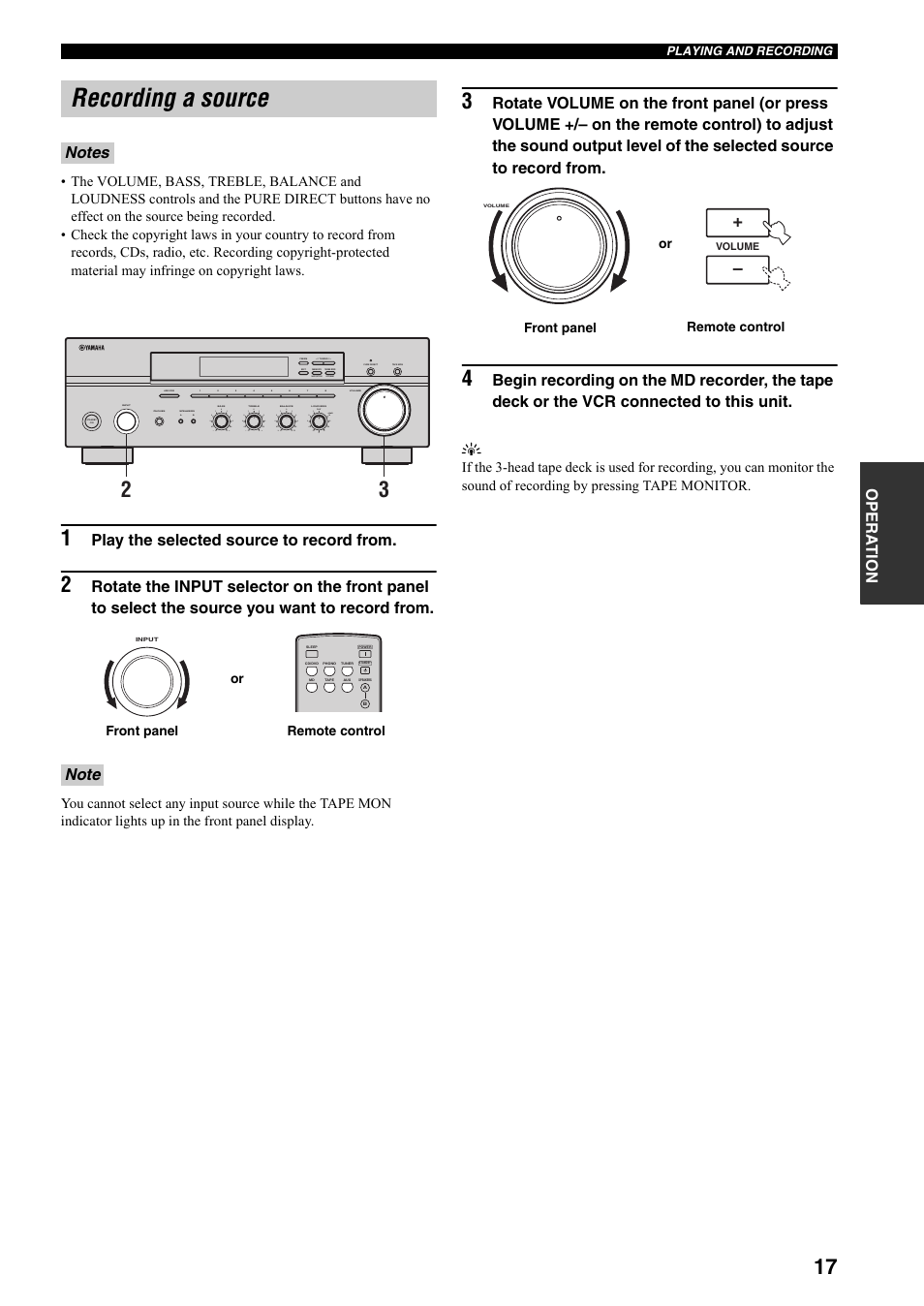 Recording a source, Opera t ion, Play the selected source to record from | Man'l/auto fm, Auto/man'l, Front panel remote control or, Remote control front panel or | Yamaha RX-397 User Manual | Page 21 / 37