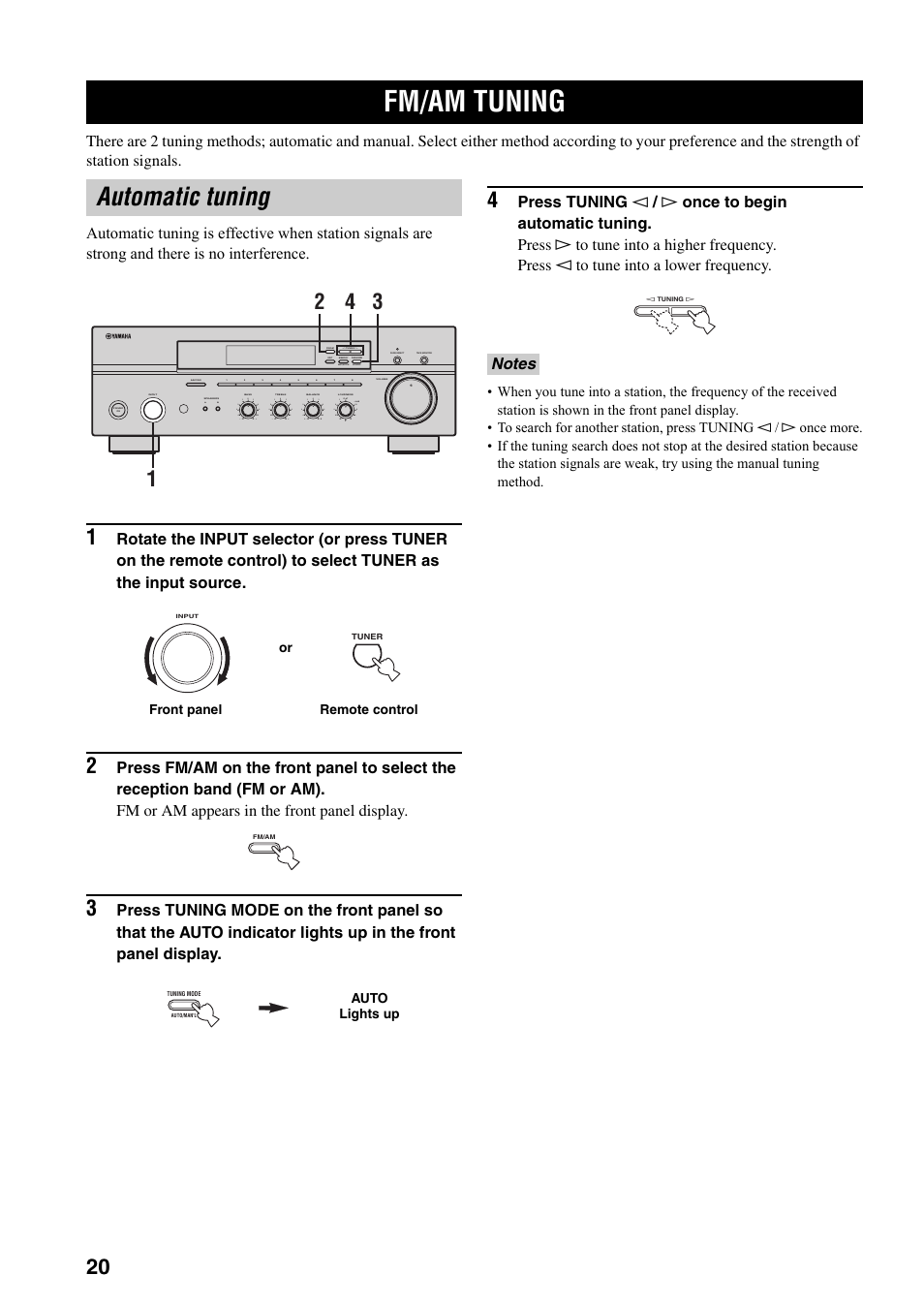 Fm/am tuning, Automatic tuning, Man'l/auto fm | Auto/man'l | Yamaha RX-397 User Manual | Page 24 / 37