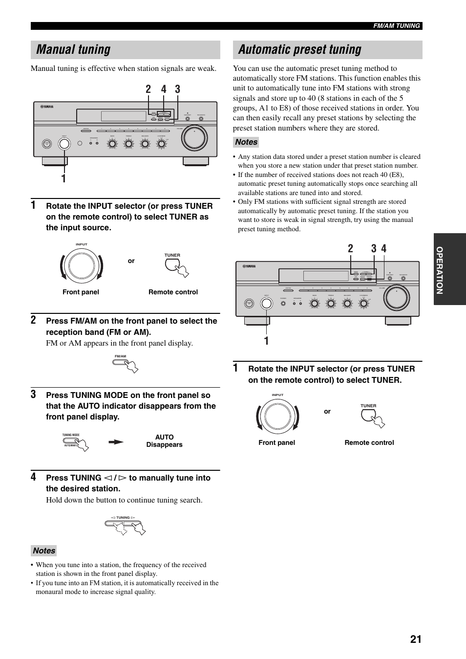 Manual tuning, Automatic preset tuning, Manual tuning automatic preset tuning | Man'l/auto fm, Auto/man'l | Yamaha RX-397 User Manual | Page 25 / 37