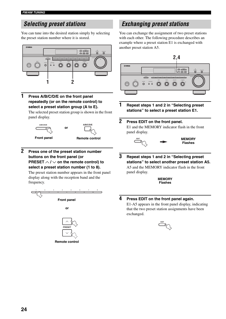 Selecting preset stations, Exchanging preset stations, Man'l/auto fm | Auto/man'l | Yamaha RX-397 User Manual | Page 28 / 37