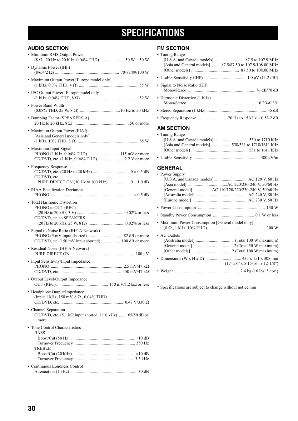 Specifications | Yamaha RX-397 User Manual | Page 34 / 37