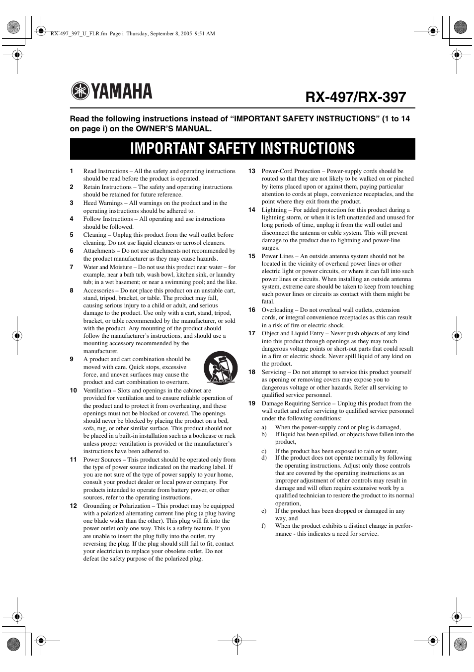 Flyer, Important safety instructions | Yamaha RX-397 User Manual | Page 36 / 37