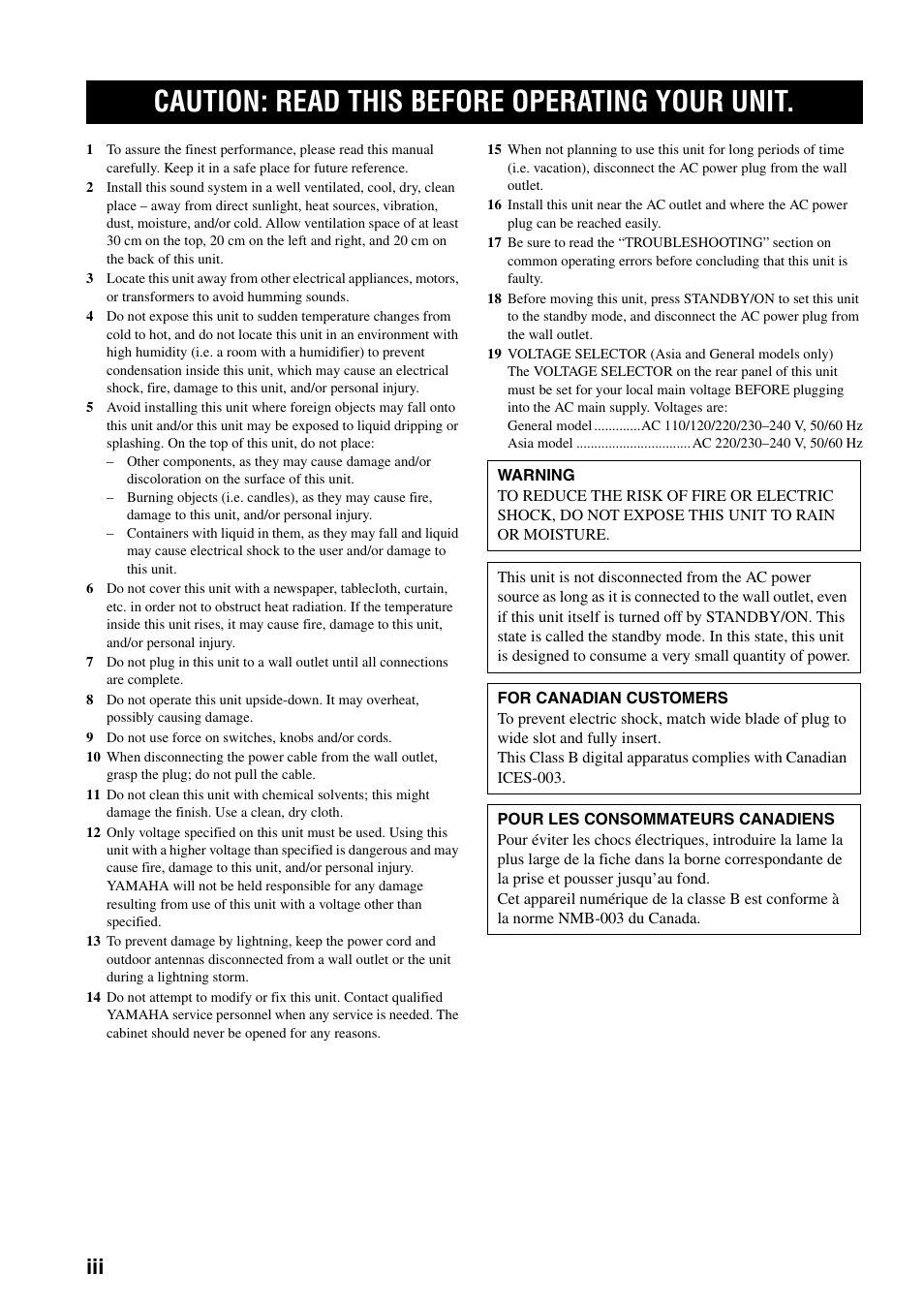 Caution: read this before operating your unit | Yamaha RX-397 User Manual | Page 4 / 37