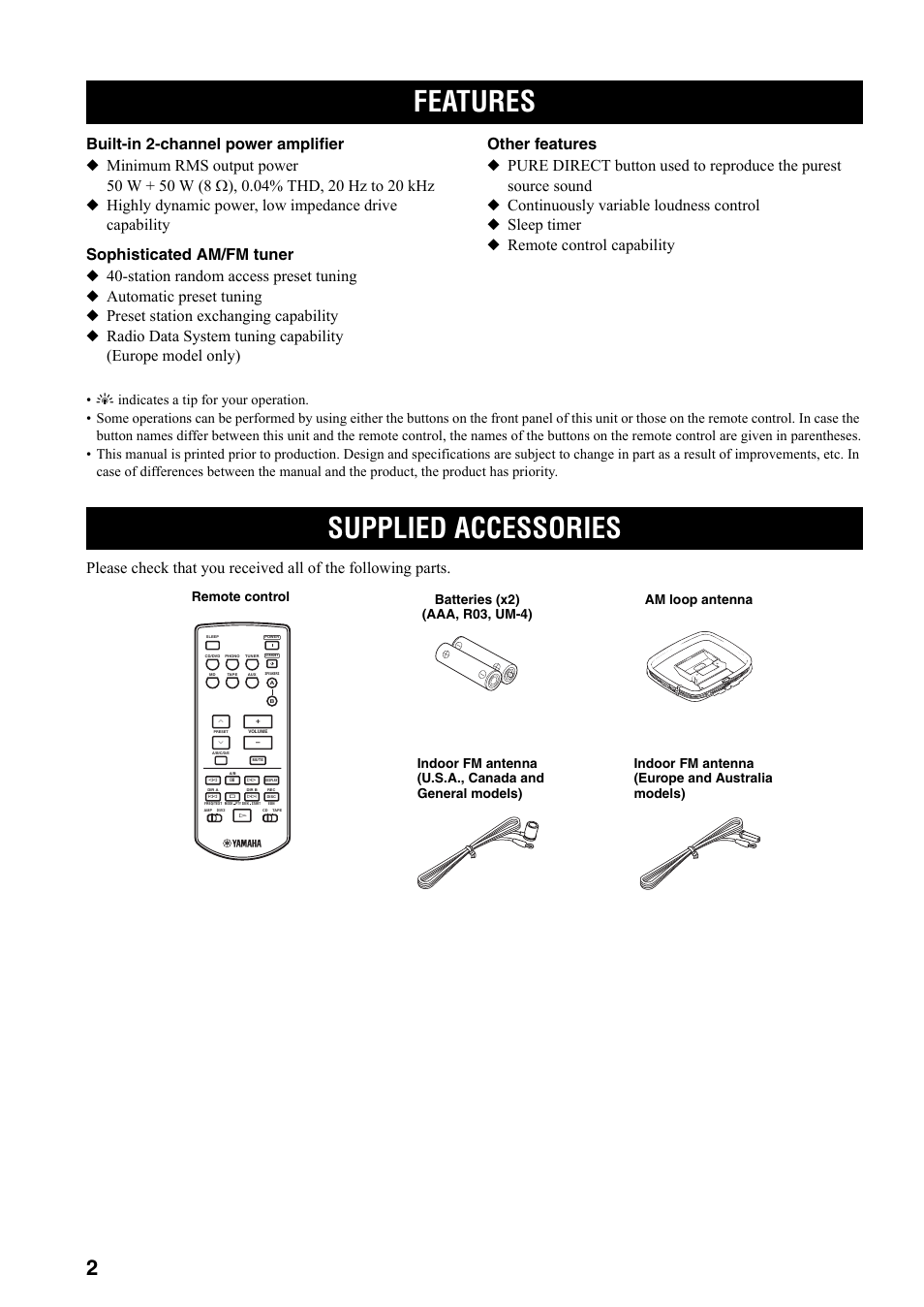 Introduction, Features, Supplied accessories | Features supplied accessories | Yamaha RX-397 User Manual | Page 6 / 37