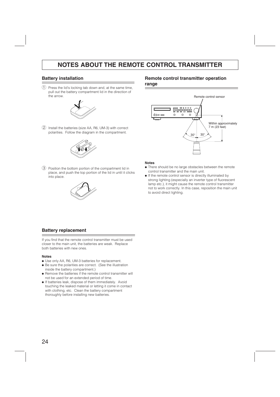 Notes about the remote control transmitter, Battery installation 1, Remote control transmitter operation range | Battery replacement | Yamaha RX-V470 User Manual | Page 24 / 27