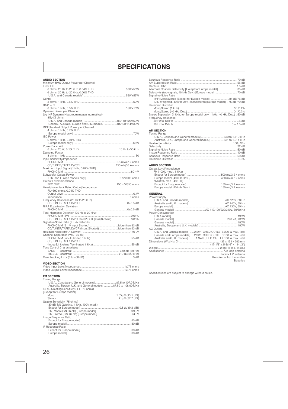 Specifications | Yamaha RX-V470 User Manual | Page 26 / 27