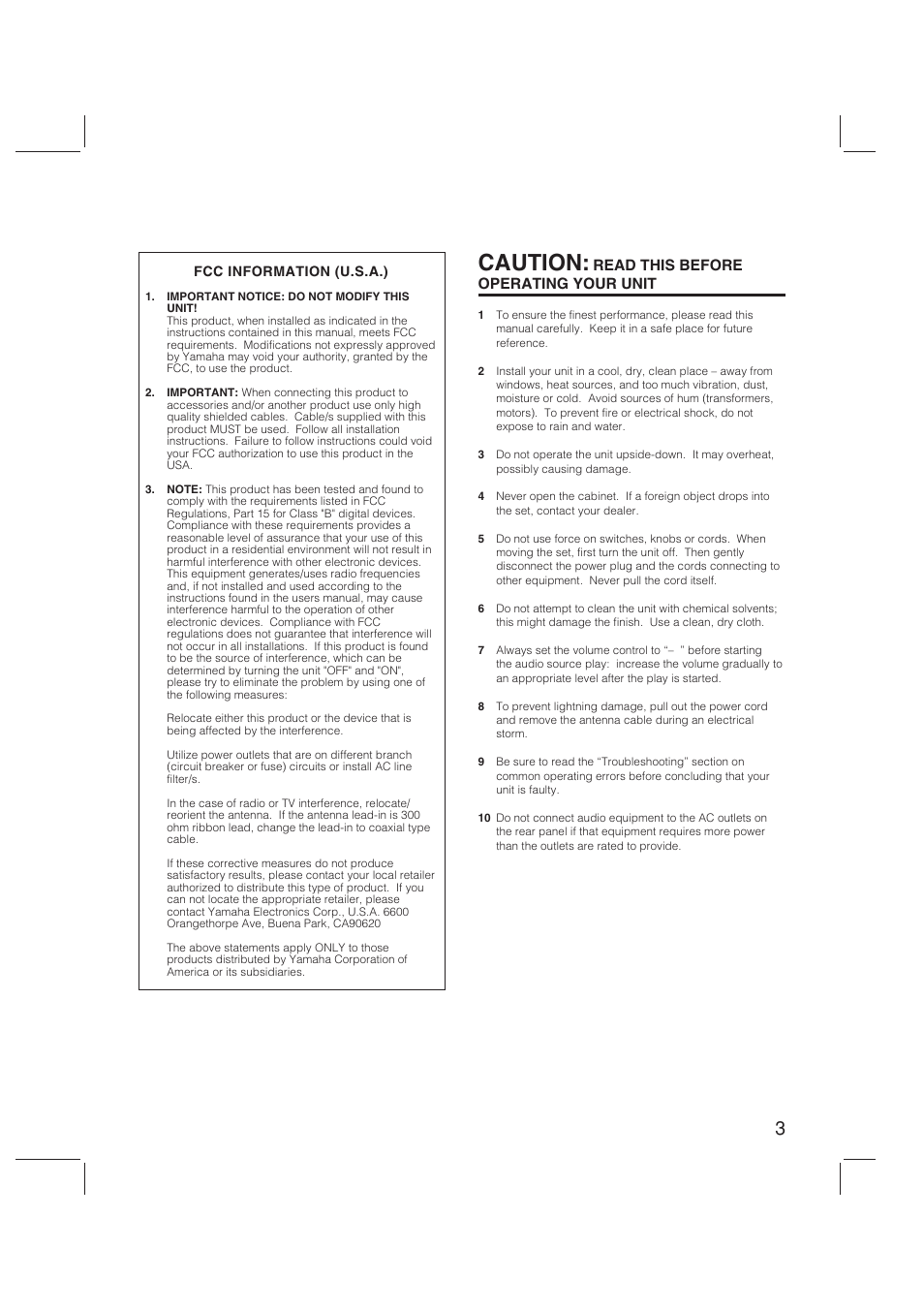 Caution | Yamaha RX-V470 User Manual | Page 3 / 27