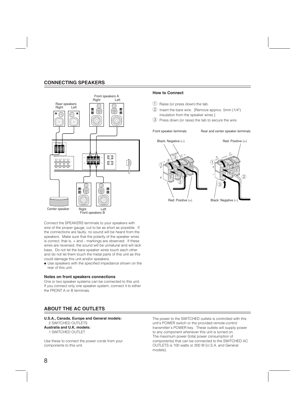 About the ac outlets, Connecting speakers, How to connect | Yamaha RX-V470 User Manual | Page 8 / 27