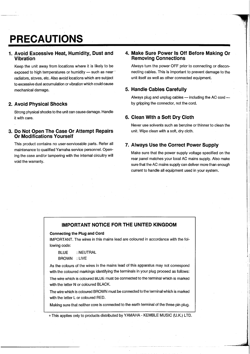Precautions, Avoid excessive heat, humidity, dust and vibration, Avoid physicai shocks | Handie cabies carefuiiy, Ciean with a soft dry cioth, Aiways use the correct power suppiy, Important notice for the united kingdom | Yamaha Graphic Equaliser Q2031B User Manual | Page 2 / 45