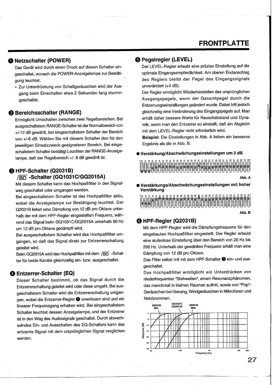O netzschalter (power), 0 bereichsschalter (range), O hpf-schalter (q2031b) | 80 -schalter (gq1031c/gq2015a), O entzerrer-schalter (eq), 0 pegelregler (level), 0 hpf-regler (q2031b), Frontplatte o, Netzschalter (power), Hpf-regler (q2031b) | Yamaha Graphic Equaliser Q2031B User Manual | Page 27 / 45