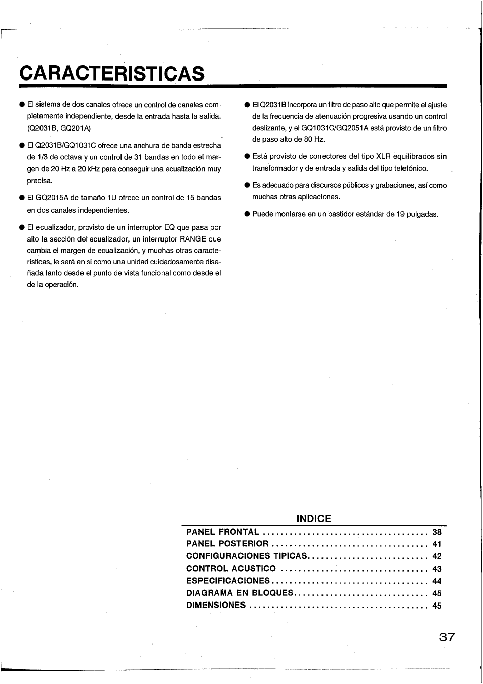 Caracteristicas, Indice | Yamaha Graphic Equaliser Q2031B User Manual | Page 36 / 45