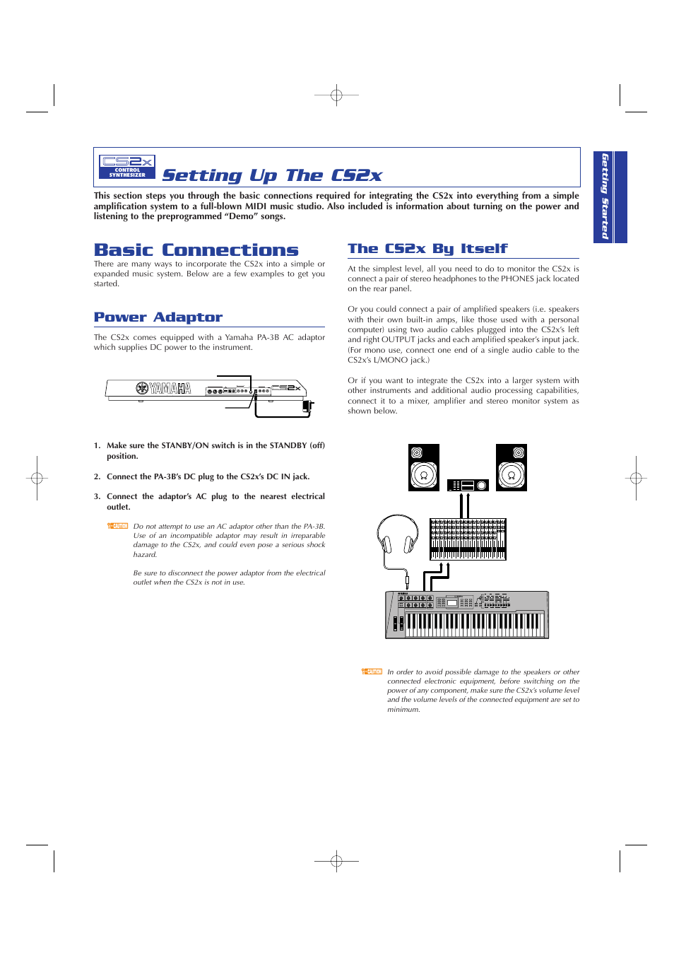 Setting up the cs2x, Basic connections, Power adaptor | The cs2x by itself | Yamaha CS2x User Manual | Page 11 / 84