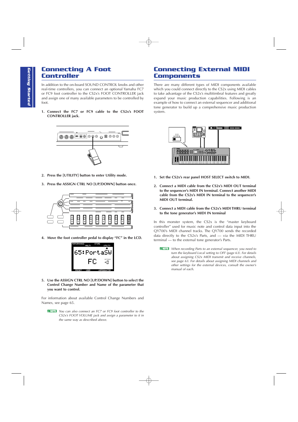 Connecting a foot controller, Connecting external midi components, Midi mac in out midi thru standby on | Tone generator tg500, Control synthesizer | Yamaha CS2x User Manual | Page 12 / 84