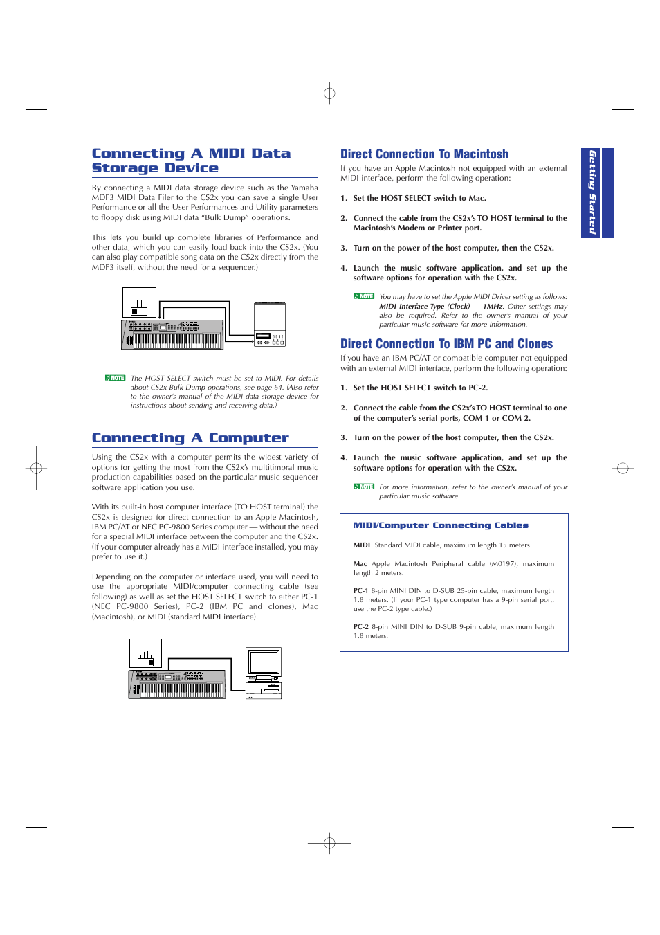 Connecting a midi data storage device, Connecting a computer, Direct connection to macintosh | Direct connection to ibm pc and clones | Yamaha CS2x User Manual | Page 13 / 84