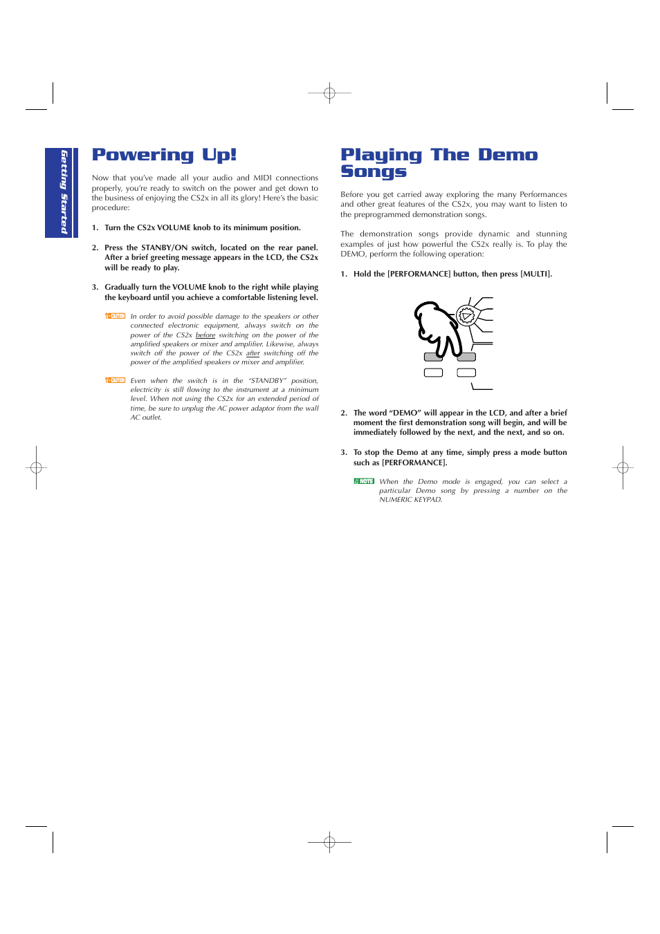 Powering up, Playing the demo songs, Powering up! playing the demo songs | Yamaha CS2x User Manual | Page 14 / 84