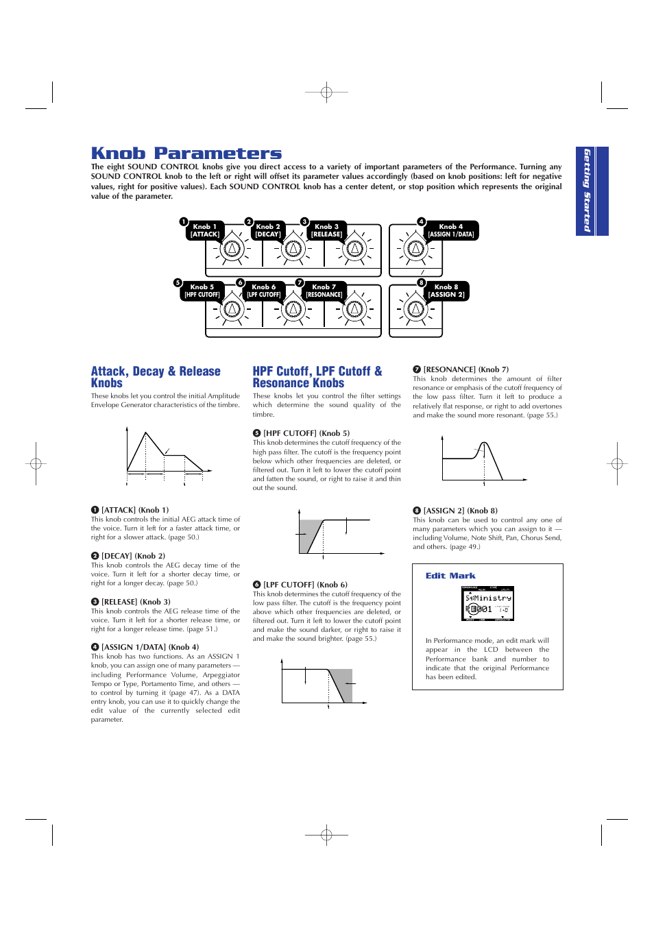 Knob parameters, Hpf cutoff, lpf cutoff & resonance knobs, Attack, decay & release knobs | Yamaha CS2x User Manual | Page 19 / 84