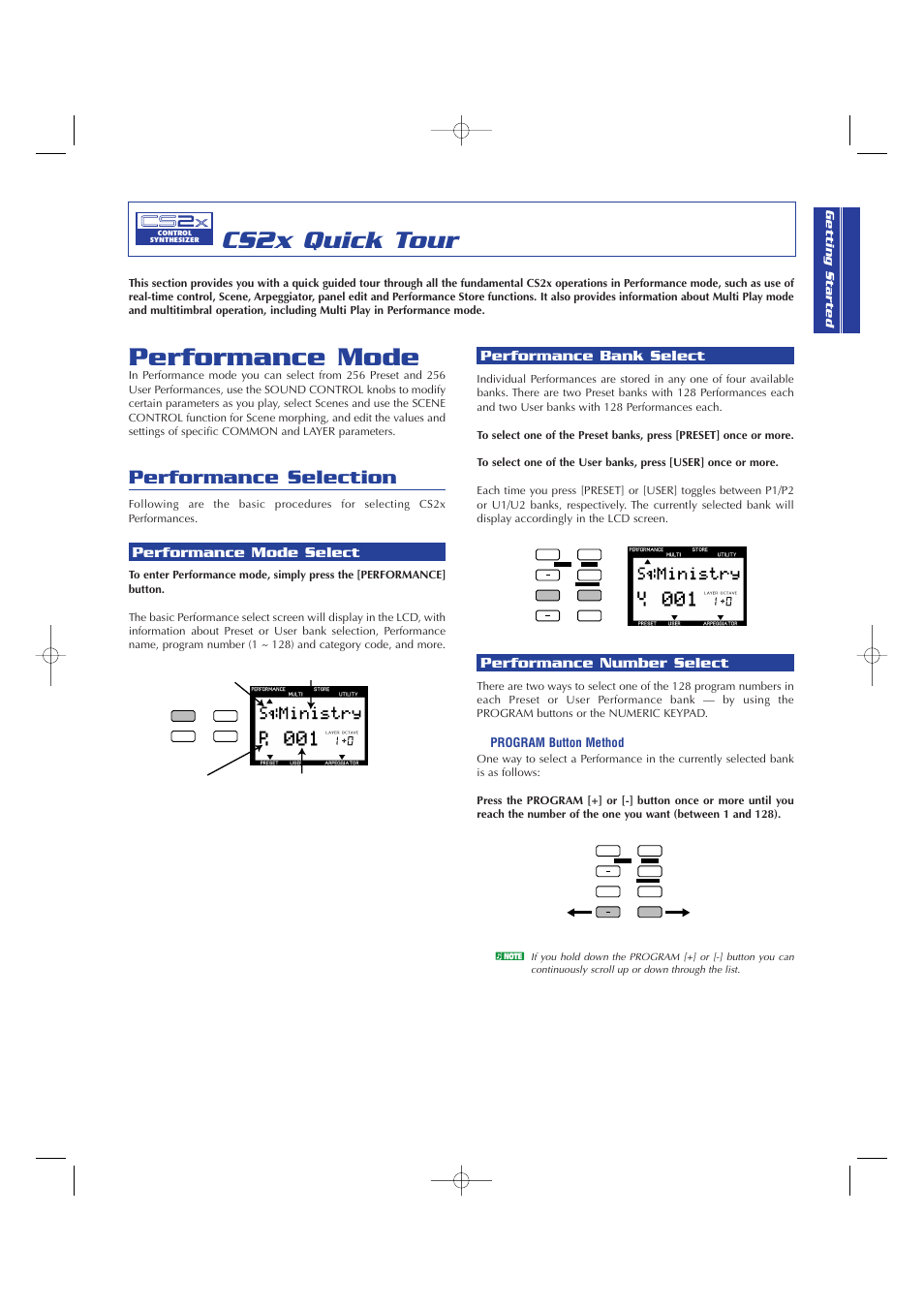 Cs2x quick tour, Performance mode, Performance selection | Performance mode select, Performance bank select, Performance number select | Yamaha CS2x User Manual | Page 23 / 84
