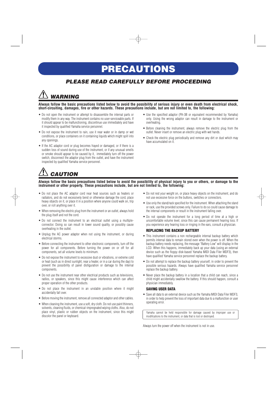 Precautions, Please read carefully before proceeding, Caution | Warning | Yamaha CS2x User Manual | Page 4 / 84