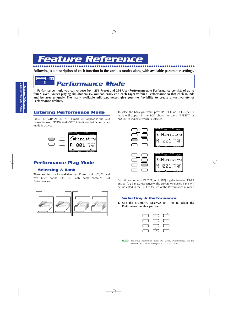 Feature reference, Performance mode, Entering performance mode | Performance play mode, Selecting a bank, Selecting a performance | Yamaha CS2x User Manual | Page 40 / 84