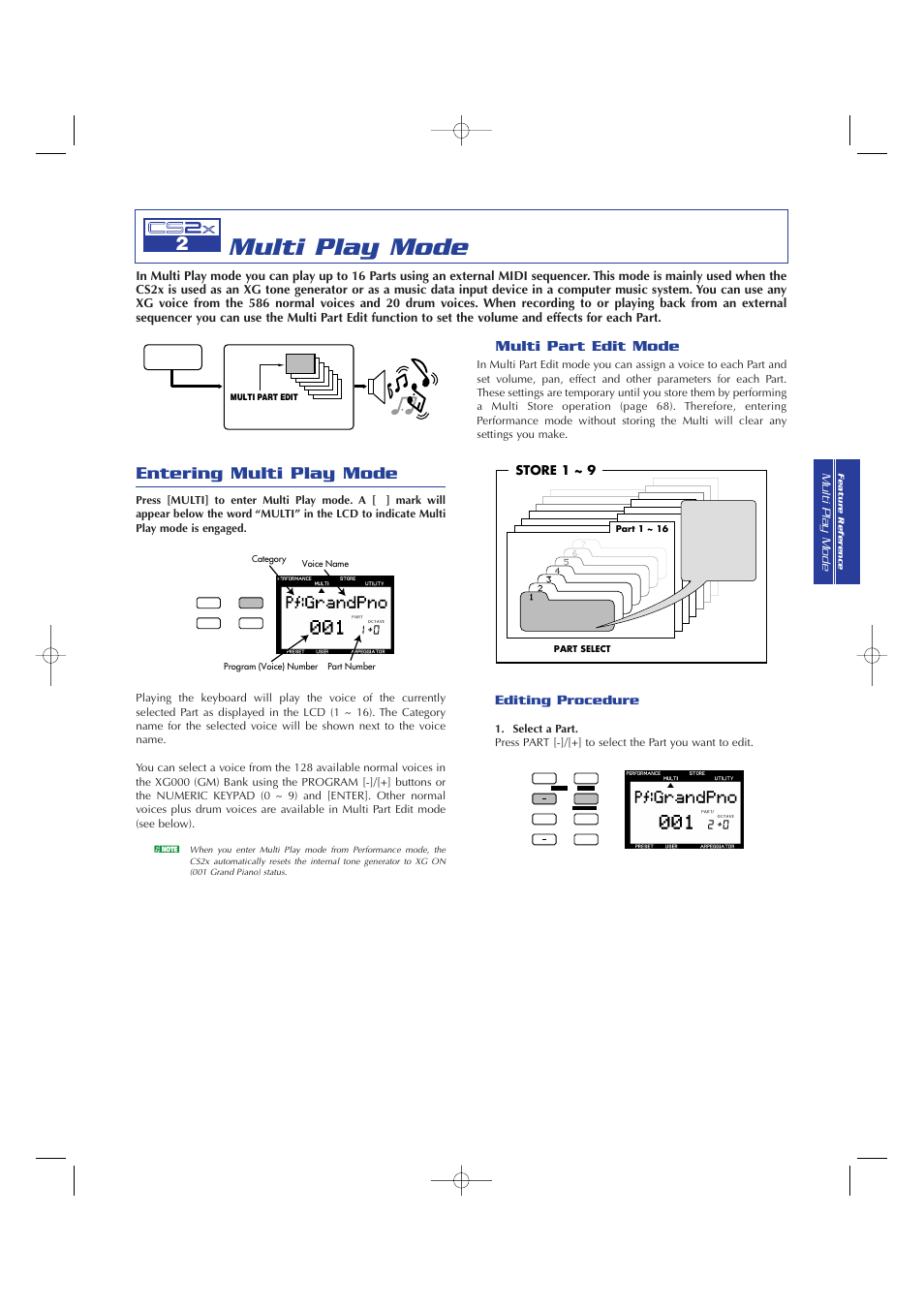 Multi play mode, Entering multi play mode, Multi part edit mode | Editing procedure | Yamaha CS2x User Manual | Page 57 / 84