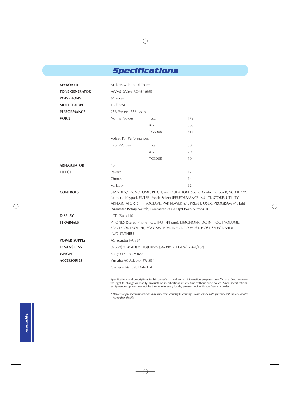 Specifications | Yamaha CS2x User Manual | Page 76 / 84