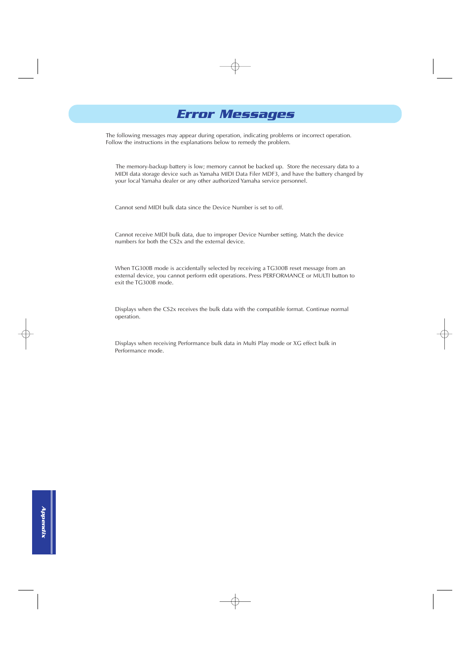 Error messages | Yamaha CS2x User Manual | Page 78 / 84