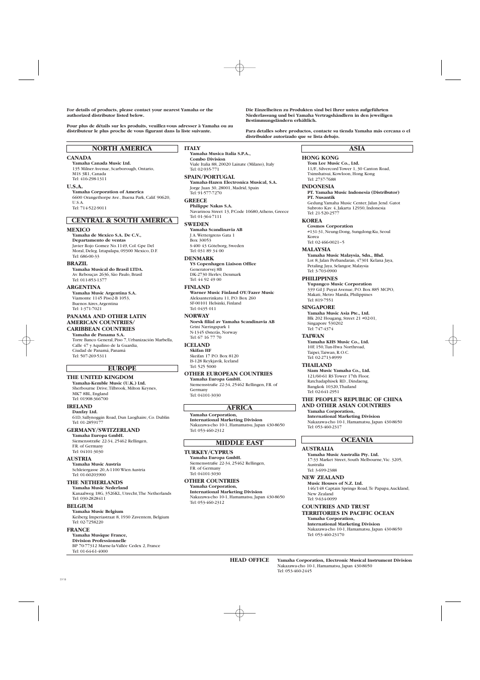 North america, Central & south america, Europe | Africa, Middle east, Asia, Oceania | Yamaha CS2x User Manual | Page 81 / 84