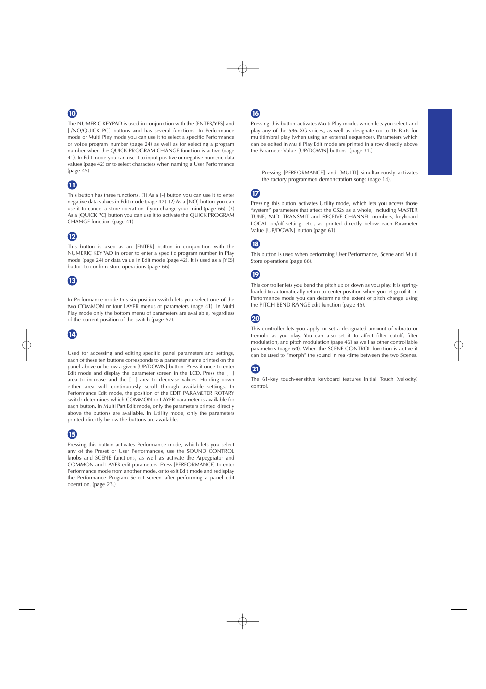 Numeric keypad, No/quick pc] button, Enter/yes] button | Edit parameter rotary switch, Parameter value [up/down] buttons, Performance] button, Multi] button, Utility] button, Store] button, Pitch wheel | Yamaha CS2x User Manual | Page 9 / 84