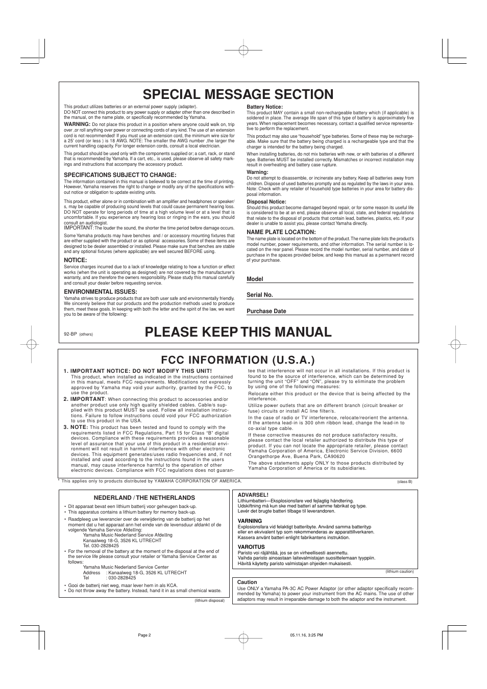 Fcc information (u.s.a.) | Yamaha Drum Trigger Module DTXPLORER User Manual | Page 2 / 36