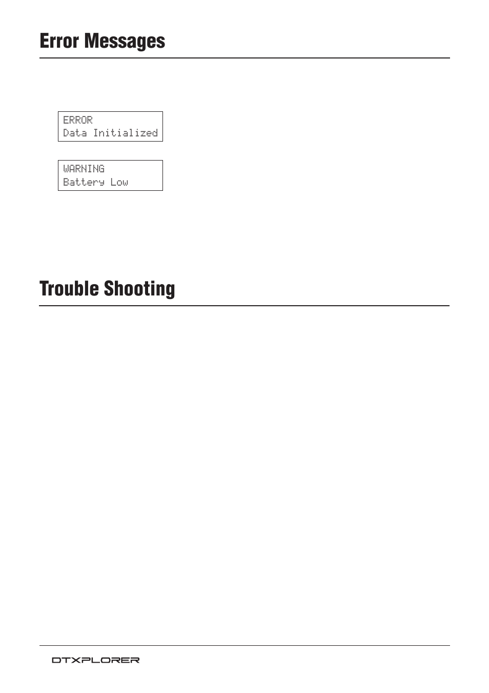 Trouble shooting, Error messages, The external tone generator does not produce sound | Error data initialized warning battery low | Yamaha Drum Trigger Module DTXPLORER User Manual | Page 28 / 36