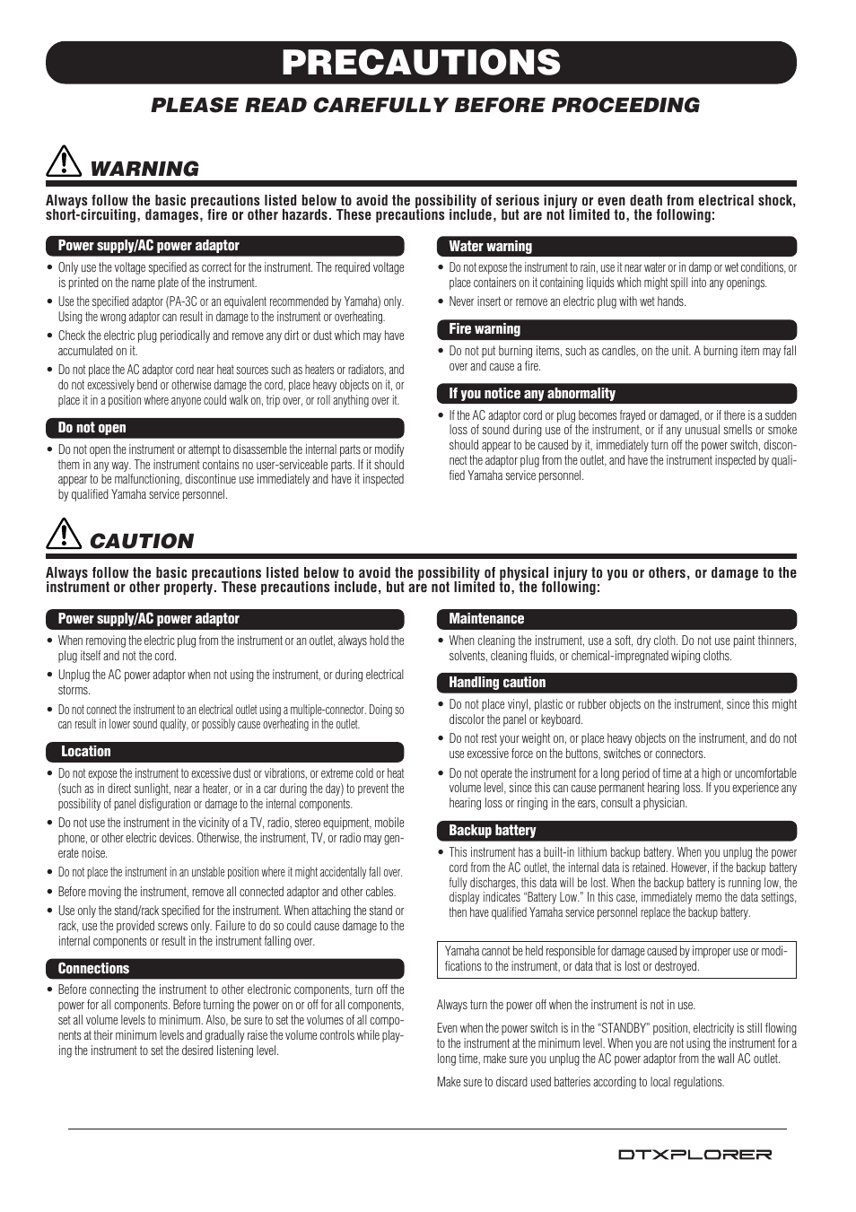 Precautions, Please read carefully before proceeding, Warning | Caution | Yamaha Drum Trigger Module DTXPLORER User Manual | Page 3 / 36