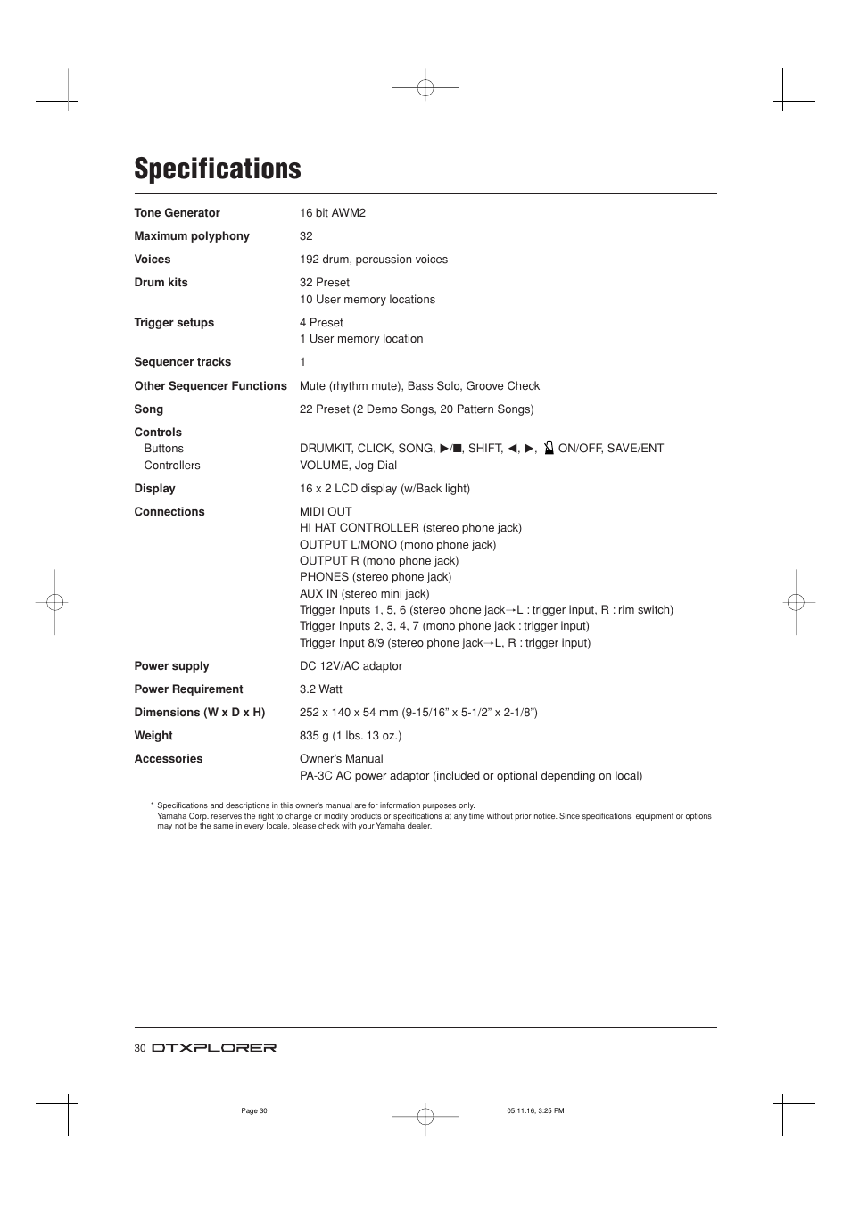 Specifications | Yamaha Drum Trigger Module DTXPLORER User Manual | Page 30 / 36