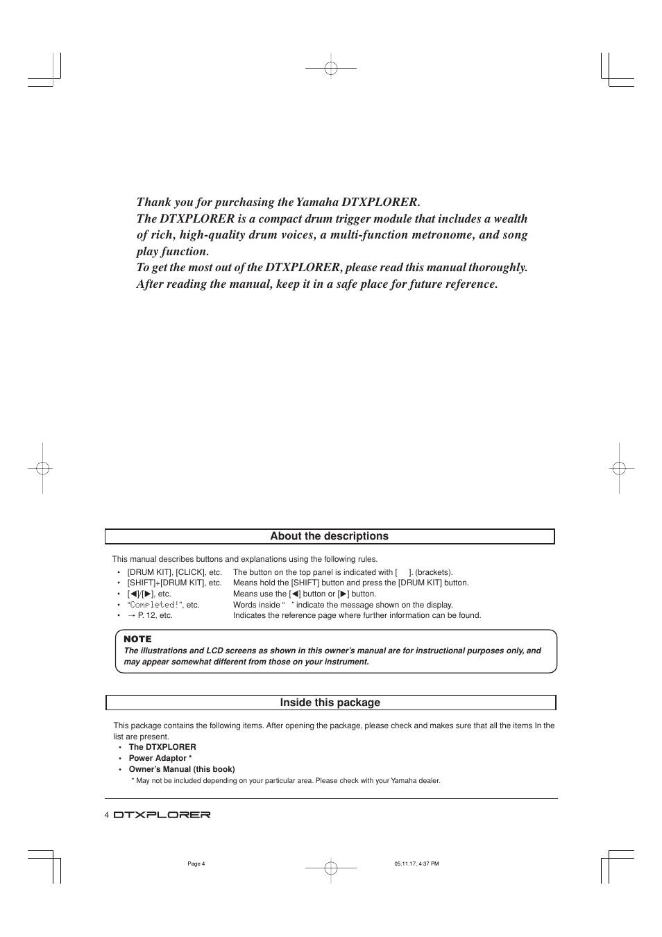 Inside this package, About the descriptions | Yamaha Drum Trigger Module DTXPLORER User Manual | Page 4 / 36