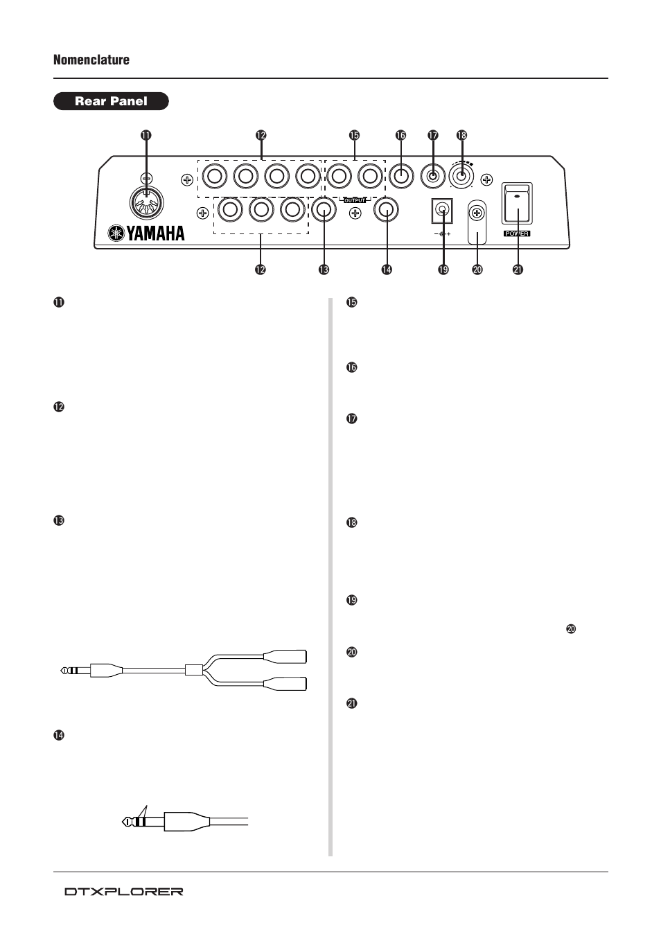 Nomenclature, Rear panel, 1 midi out jack | 2 trigger input jacks (1 snare thru 7 hi hat), 3 trigger input jack (8 kick/9), 4 hi-hat controller jack (hi hat control), 5 output jacks (output l/mono, r), 6 head phone jack (phones), 7 aux in jack, 8 master volume (volume) | Yamaha Drum Trigger Module DTXPLORER User Manual | Page 8 / 36