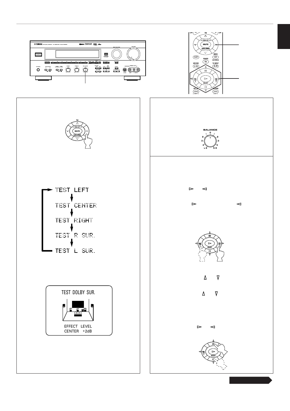 English, Continued, Test dolby sur | Main (l) main (r) center rear (l) rear (r), Aon off on off b, Mode start, Preparation, Effect level center 2db | Yamaha RX-V795RDS User Manual | Page 33 / 88
